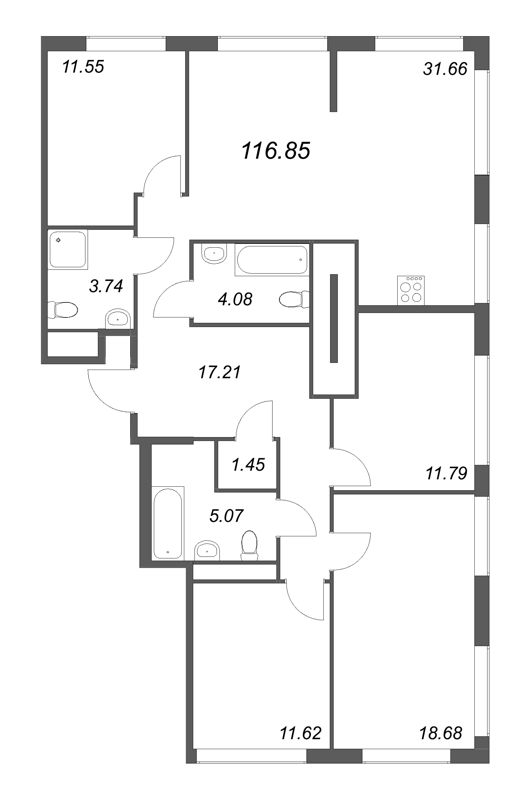 5-комнатная (Евро) квартира, 116.85 м² в ЖК "GloraX Василеостровский" - планировка, фото №1