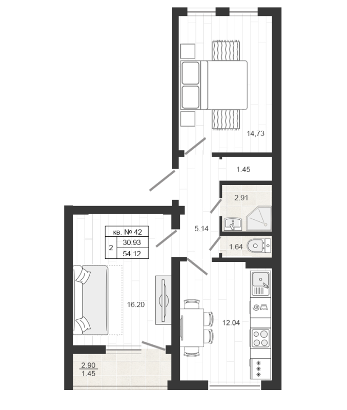 2-комнатная квартира, 55.7 м² в ЖК "Верево Сити" - планировка, фото №1