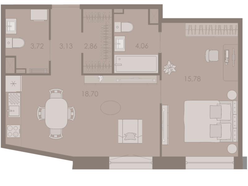2-комнатная (Евро) квартира, 48.6 м² в ЖК "Северная корона" - планировка, фото №1
