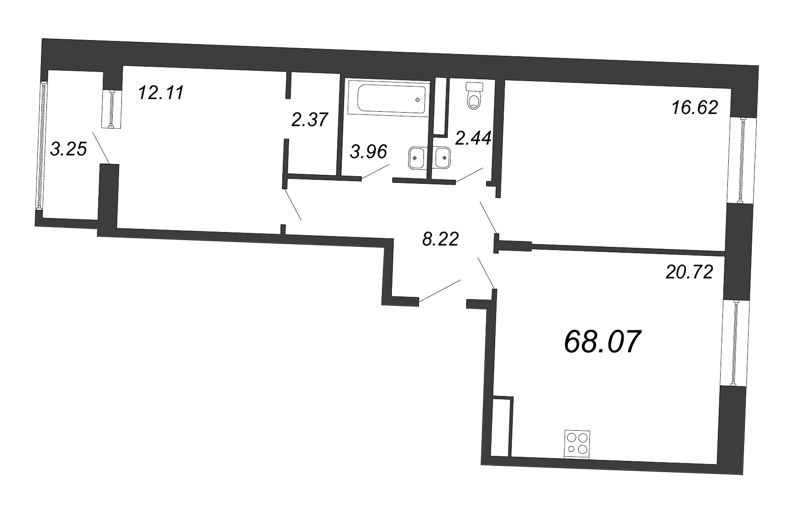 3-комнатная (Евро) квартира, 68.07 м² - планировка, фото №1