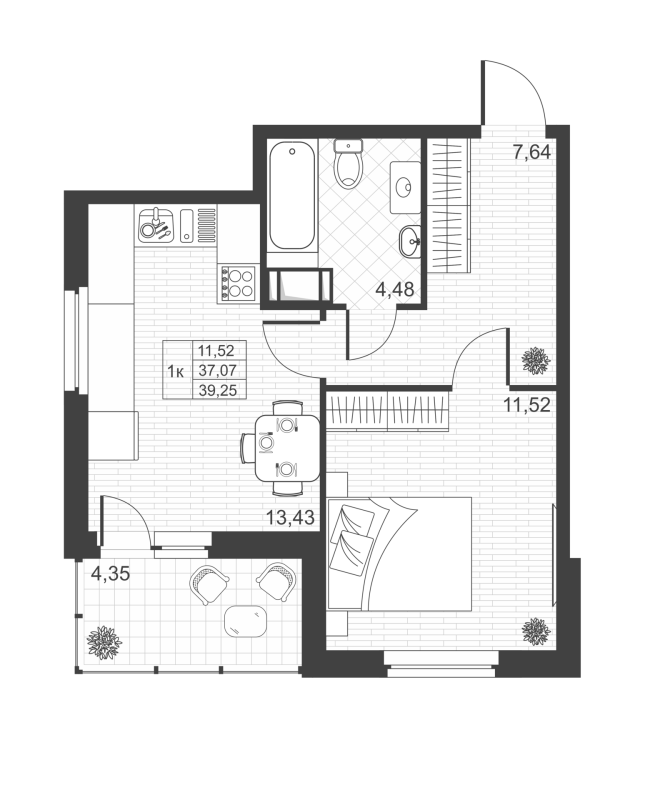 1-комнатная квартира, 39.25 м² - планировка, фото №1