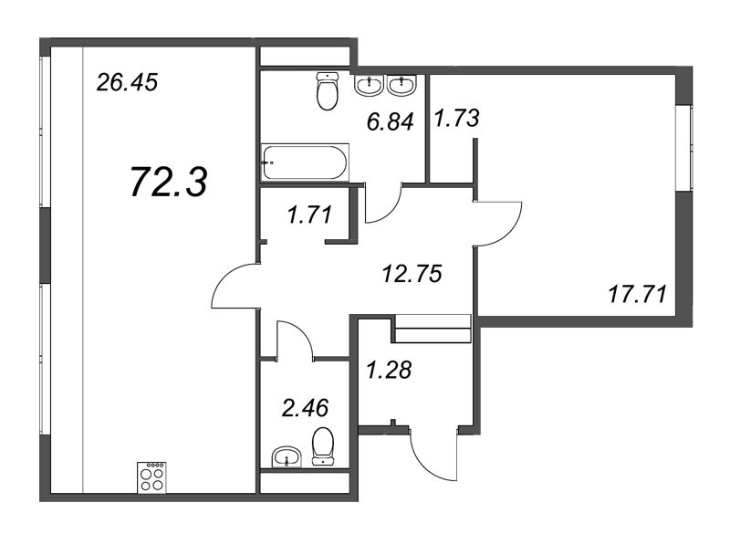 2-комнатная (Евро) квартира, 73.9 м² в ЖК "Мадонна Бенуа" - планировка, фото №1