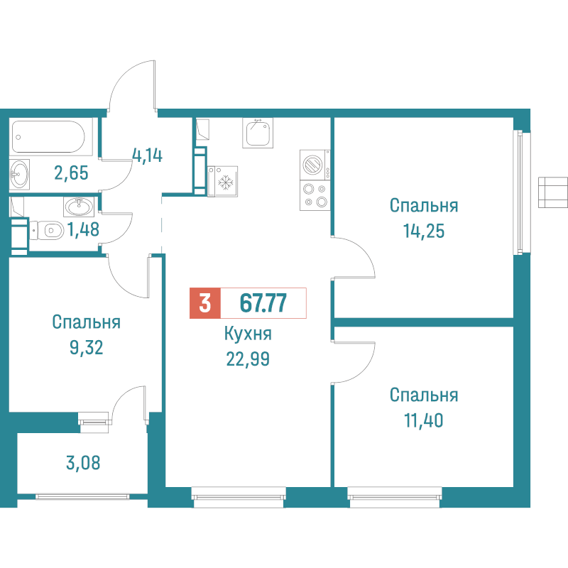 4-комнатная (Евро) квартира, 67.77 м² в ЖК "Графика" - планировка, фото №1