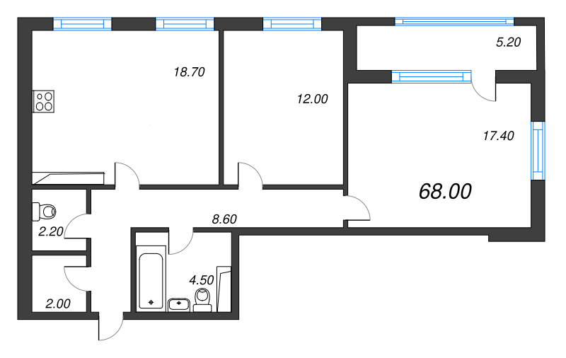 3-комнатная (Евро) квартира, 68 м² в ЖК "Тайм Сквер" - планировка, фото №1