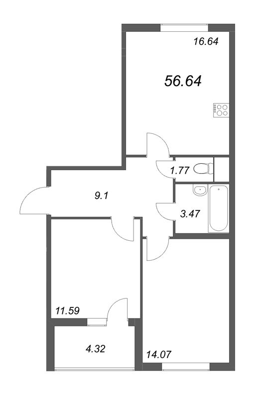 3-комнатная (Евро) квартира, 56.64 м² в ЖК "Любоград" - планировка, фото №1