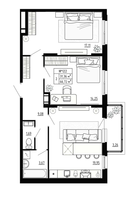 3-комнатная (Евро) квартира, 66.72 м² - планировка, фото №1