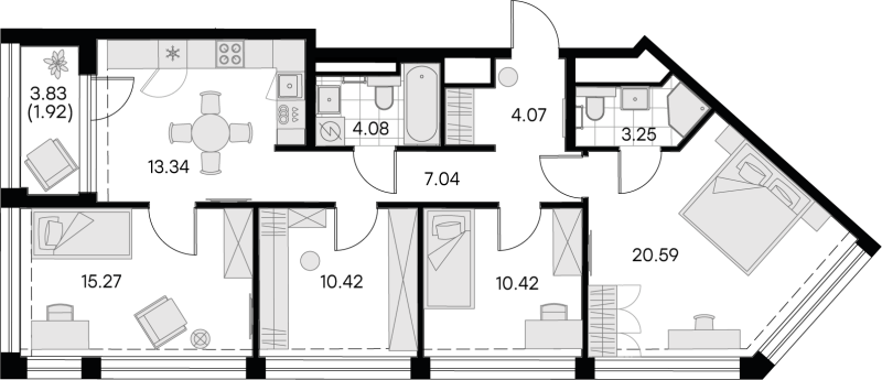 4-комнатная квартира, 90.4 м² в ЖК "GloraX Premium Василеостровский" - планировка, фото №1