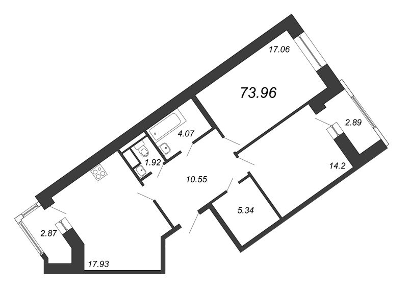 3-комнатная (Евро) квартира, 73.96 м² - планировка, фото №1