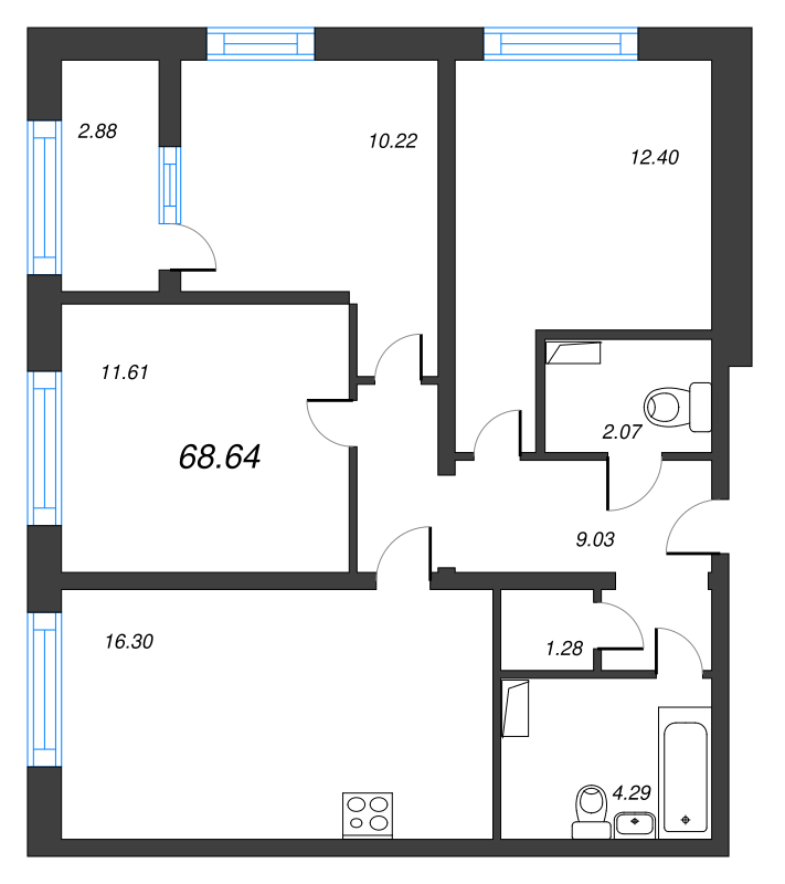 4-комнатная (Евро) квартира, 68.64 м² в ЖК "БелАрт" - планировка, фото №1