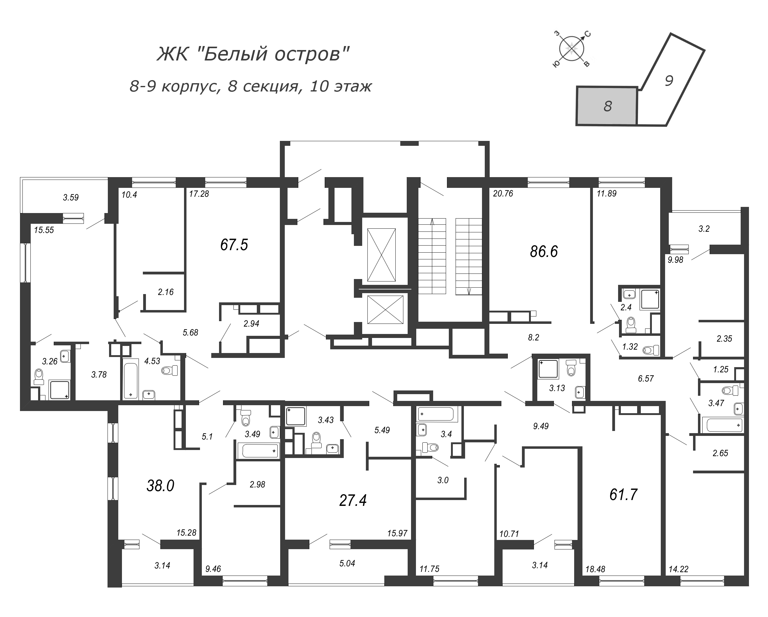 3-комнатная (Евро) квартира, 64.4 м² в ЖК "Белый остров" - планировка этажа