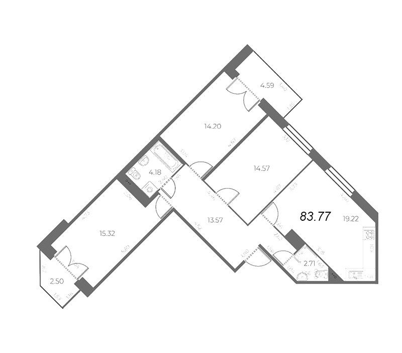 4-комнатная (Евро) квартира, 87.32 м² в ЖК "Огни Залива" - планировка, фото №1