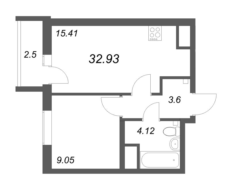2-комнатная (Евро) квартира, 32.93 м² в ЖК "Южный форт" - планировка, фото №1