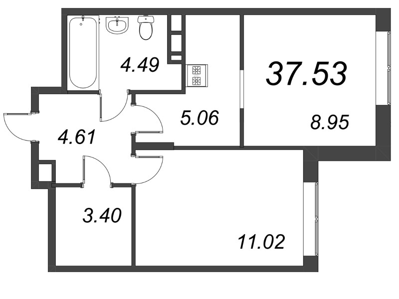 2-комнатная (Евро) квартира, 37.53 м² в ЖК "VEREN NORT сертолово" - планировка, фото №1