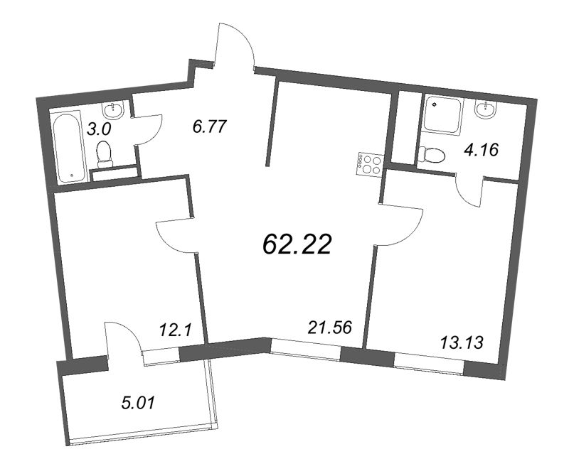 3-комнатная (Евро) квартира, 65.72 м² в ЖК "OKLA" - планировка, фото №1