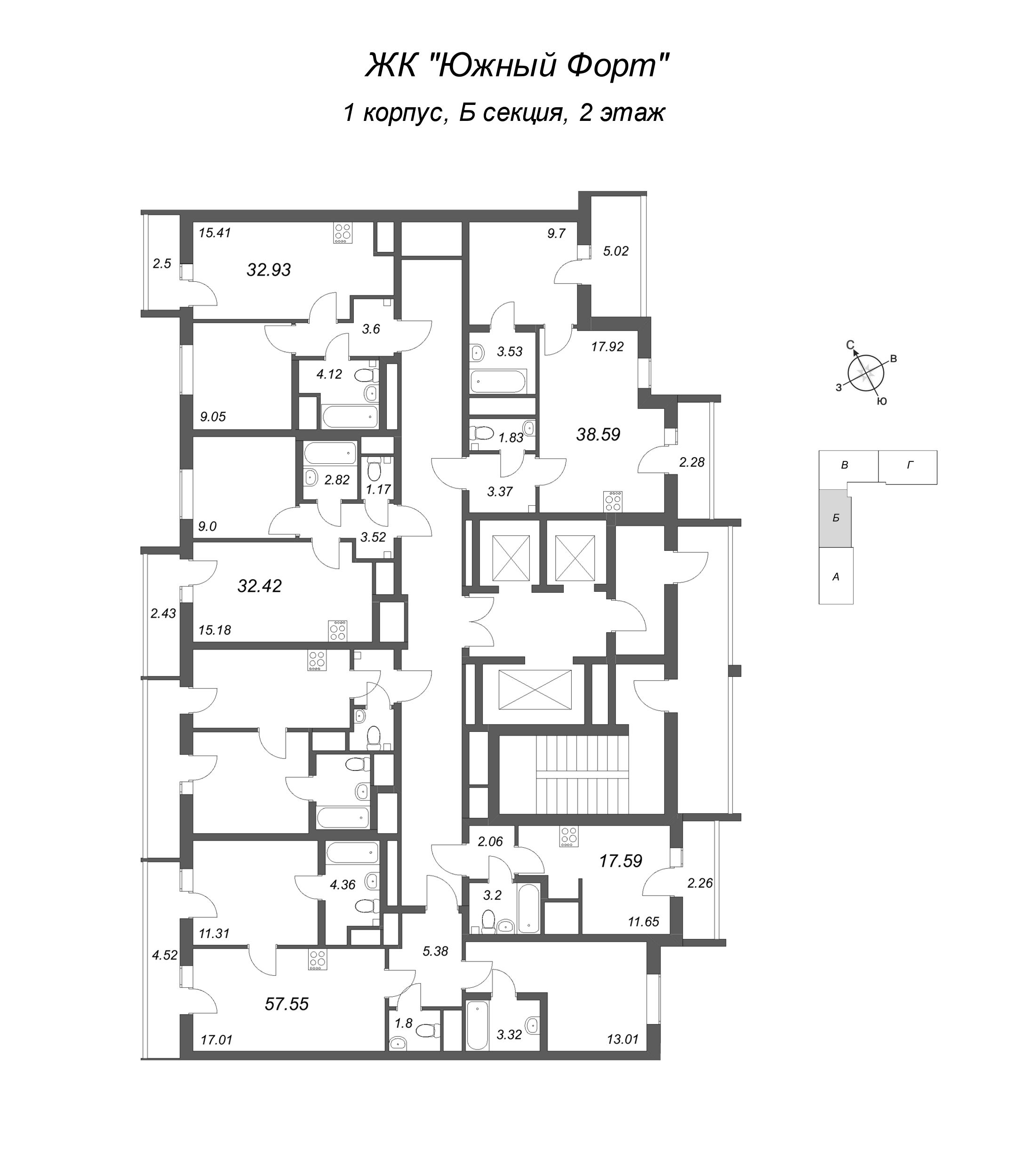 2-комнатная (Евро) квартира, 32.93 м² в ЖК "Южный форт" - планировка этажа