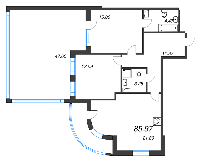 3-комнатная (Евро) квартира, 85.97 м² в ЖК "Энфилд" - планировка, фото №1