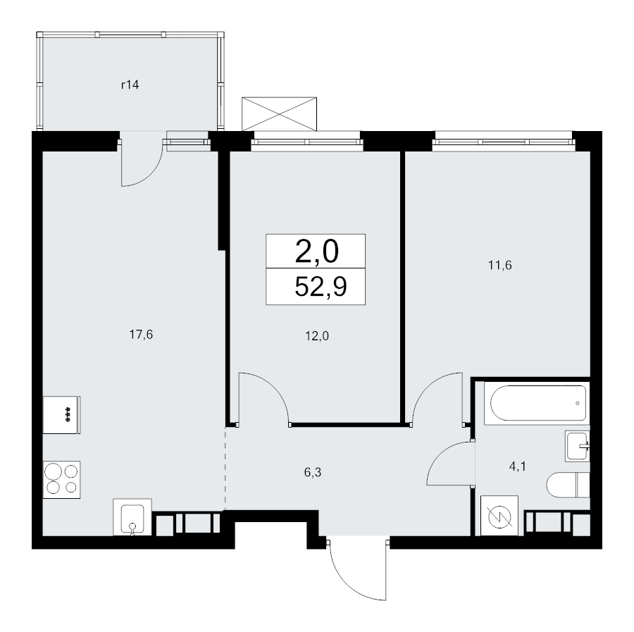 3-комнатная (Евро) квартира, 52.9 м² - планировка, фото №1