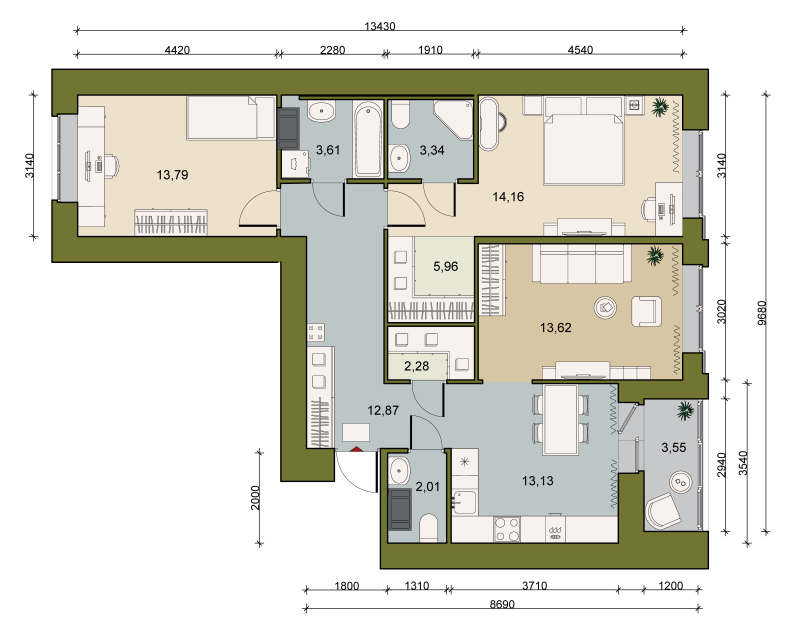 3-комнатная квартира, 87.36 м² в ЖК "Уютный" - планировка, фото №1