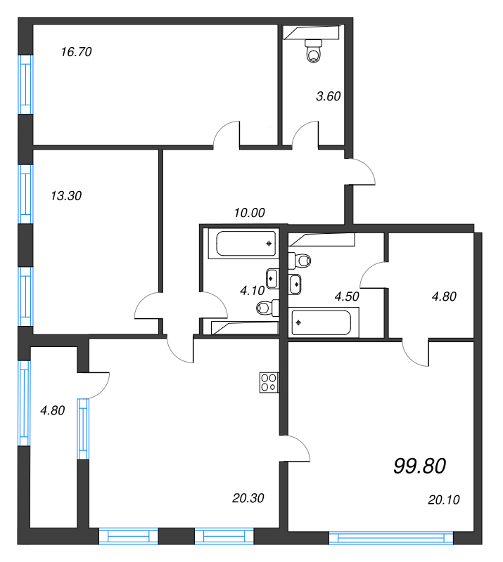 4-комнатная (Евро) квартира, 99.8 м² в ЖК "Тайм Сквер" - планировка, фото №1