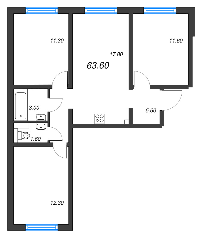 3-комнатная квартира, 63.6 м² - планировка, фото №1