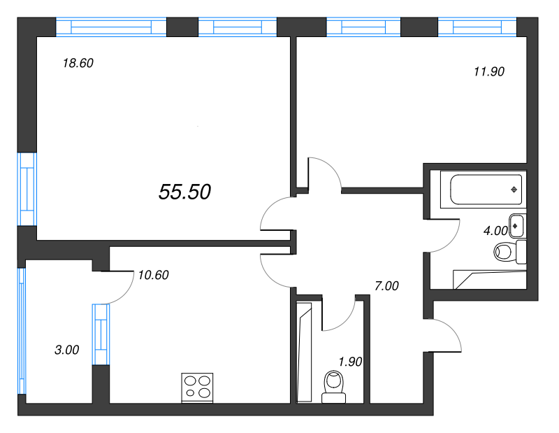 2-комнатная квартира, 55.5 м² в ЖК "Тайм Сквер" - планировка, фото №1