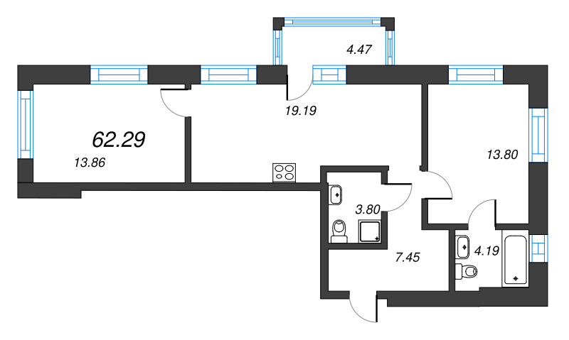 2-комнатная квартира, 62.29 м² в ЖК "Чёрная речка от Ильича" - планировка, фото №1