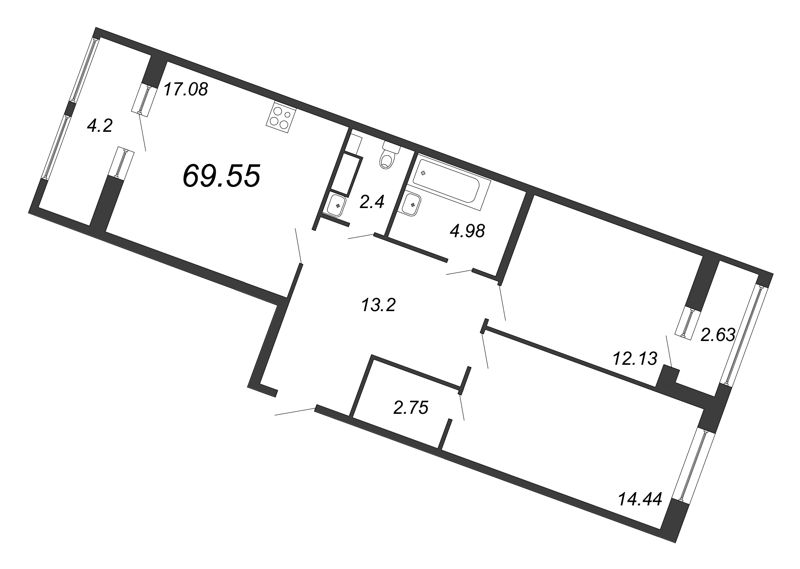 3-комнатная (Евро) квартира, 69.55 м² в ЖК "Modum" - планировка, фото №1