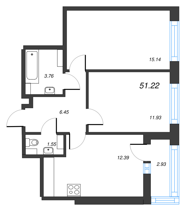 2-комнатная квартира, 51.22 м² в ЖК "Б15" - планировка, фото №1