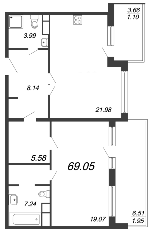 2-комнатная (Евро) квартира, 69.05 м² - планировка, фото №1