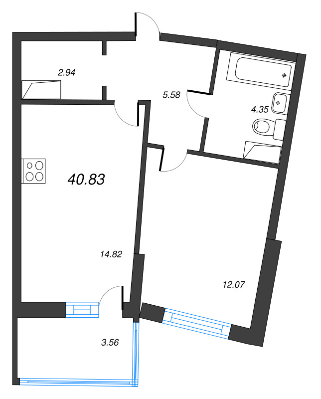 2-комнатная (Евро) квартира, 40.83 м² в ЖК "Дом Левитан" - планировка, фото №1