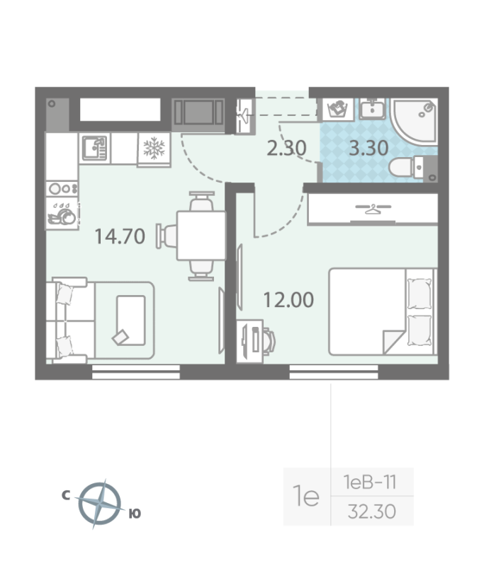 1-комнатная квартира, 32.3 м² - планировка, фото №1