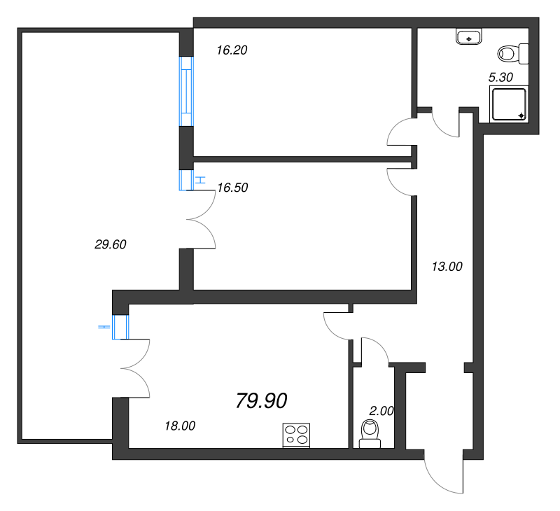 3-комнатная (Евро) квартира, 79.7 м² в ЖК "NewПитер 2.0" - планировка, фото №1