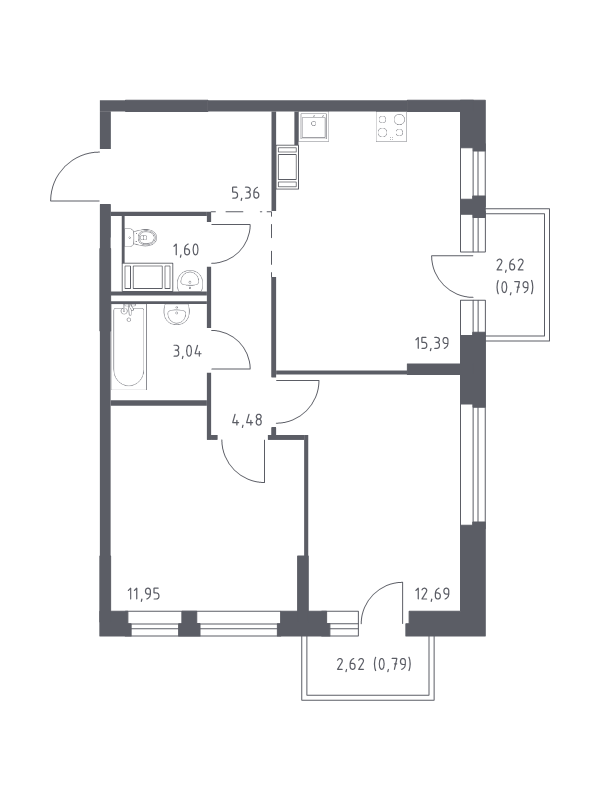3-комнатная (Евро) квартира, 56.09 м² - планировка, фото №1