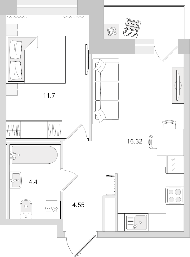 2-комнатная (Евро) квартира, 36.97 м² в ЖК "Новые горизонты" - планировка, фото №1