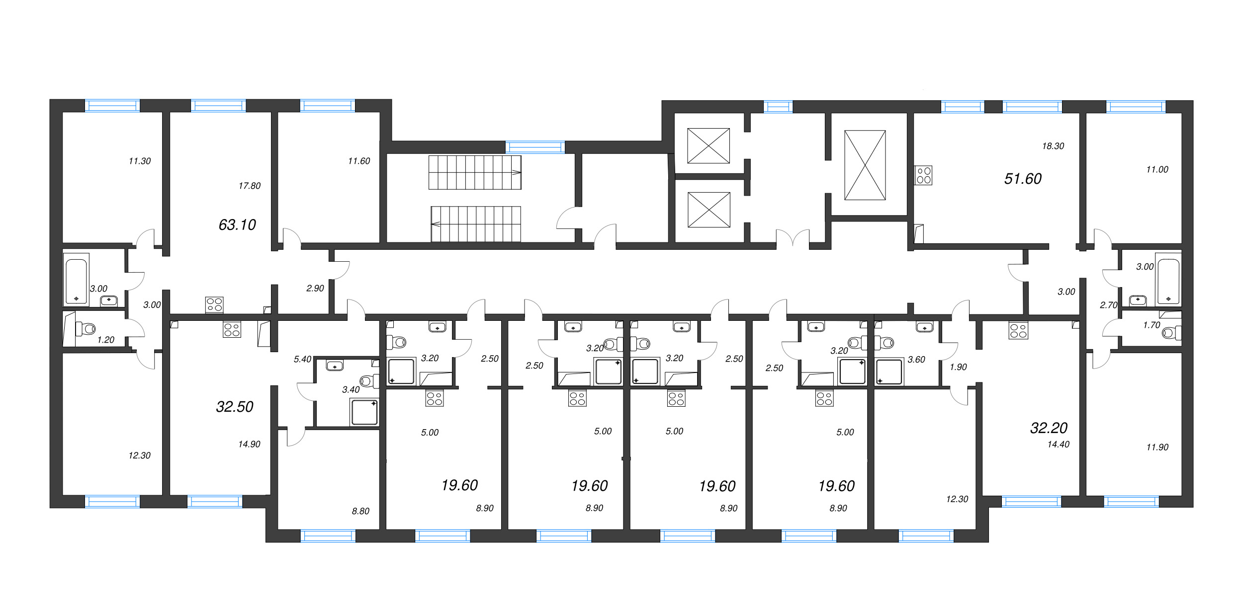 4-комнатная (Евро) квартира, 63.1 м² - планировка этажа