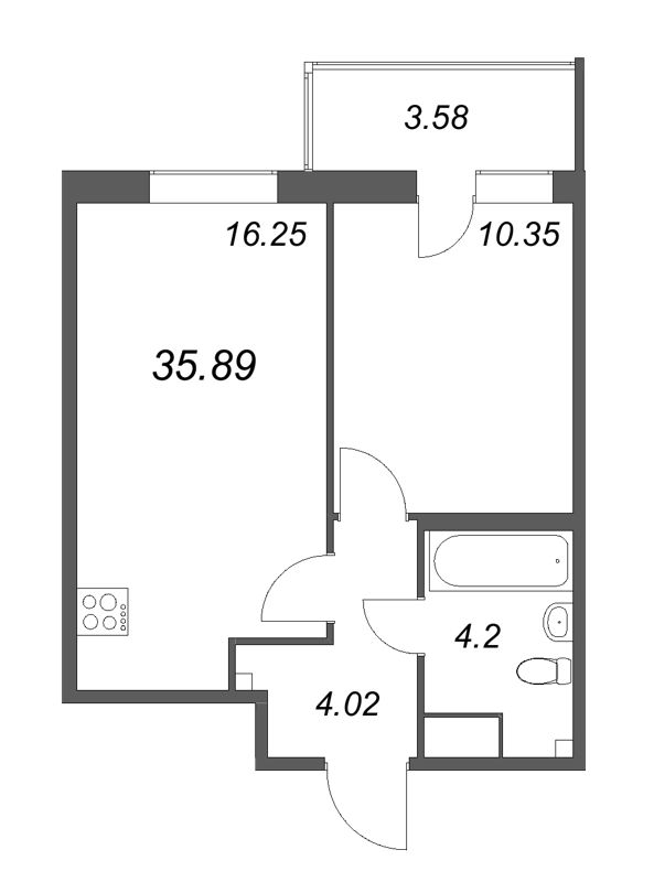 2-комнатная (Евро) квартира, 35.89 м² в ЖК "Аквилон Янино" - планировка, фото №1