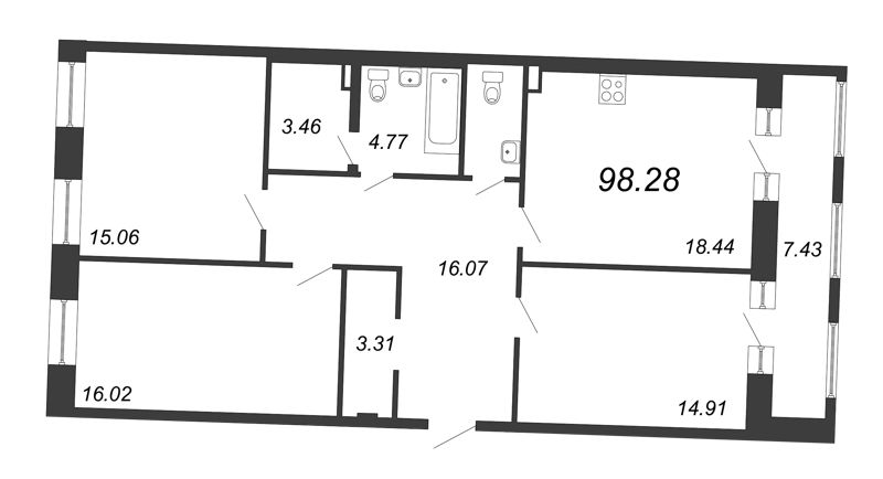 3-комнатная квартира, 98.28 м² - планировка, фото №1