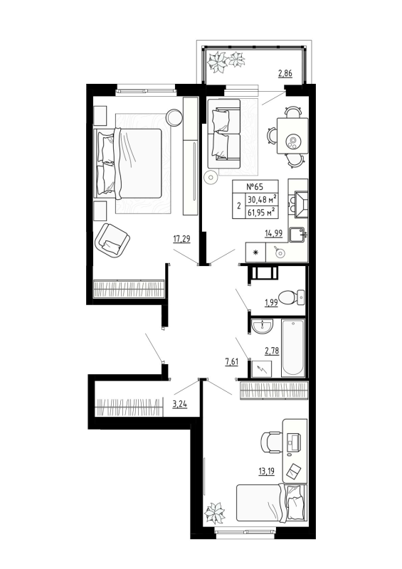 2-комнатная квартира, 61.95 м² - планировка, фото №1