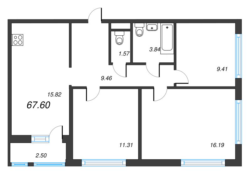 4-комнатная (Евро) квартира, 67.6 м² в ЖК "Parkolovo" - планировка, фото №1