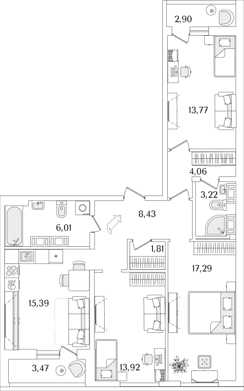 4-комнатная (Евро) квартира, 87.09 м² в ЖК "Лайнеръ" - планировка, фото №1