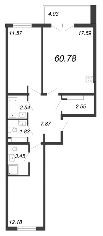 3-комнатная (Евро) квартира, 60.1 м² в ЖК "Новое Горелово" - планировка, фото №1
