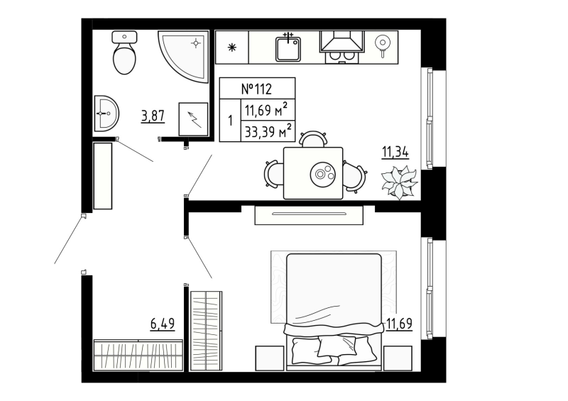 1-комнатная квартира, 33.39 м² - планировка, фото №1