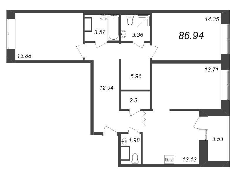 3-комнатная квартира, 86.94 м² в ЖК "Уютный" - планировка, фото №1