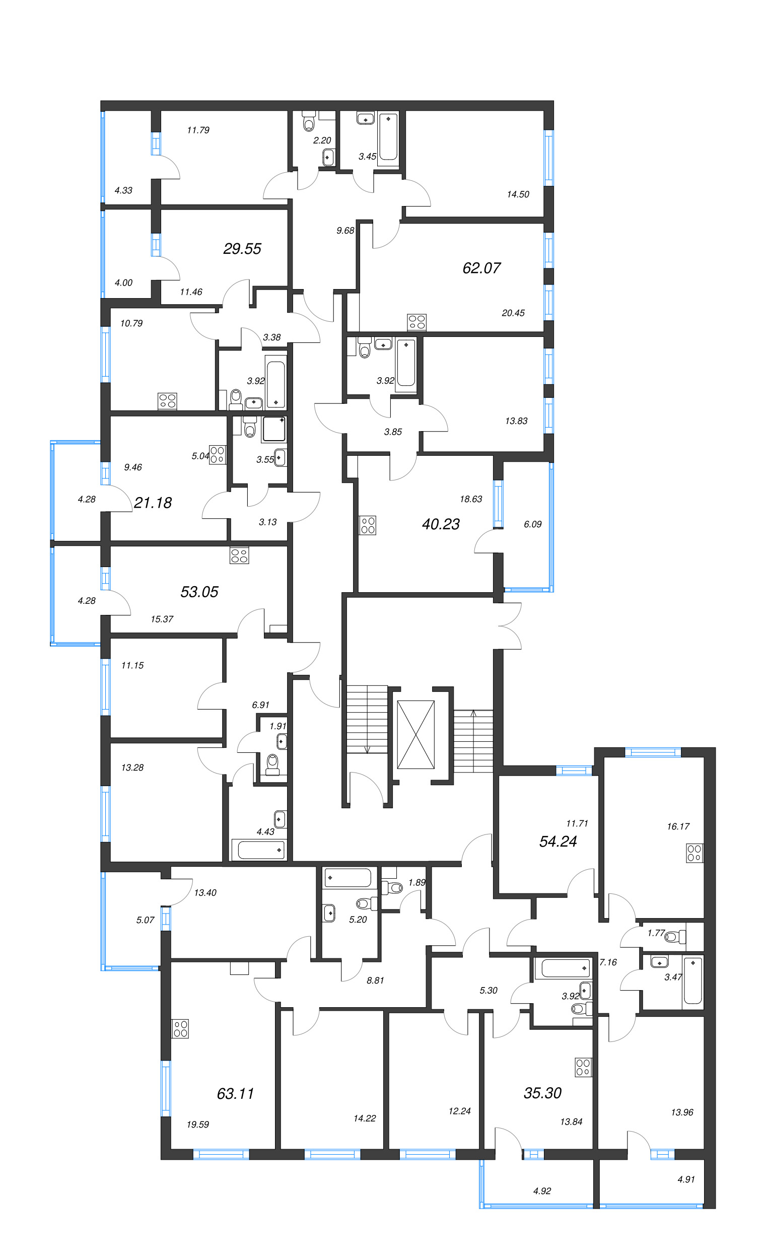 3-комнатная (Евро) квартира, 54.24 м² в ЖК "Любоград" - планировка этажа