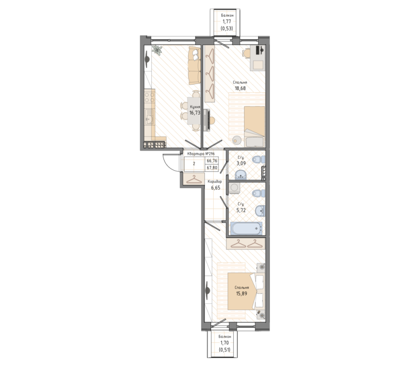 2-комнатная квартира, 68.4 м² в ЖК "Мануфактура James Beck" - планировка, фото №1