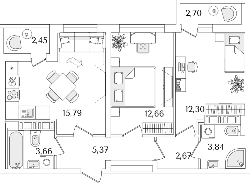 3-комнатная (Евро) квартира, 58.87 м² в ЖК "Лайнеръ" - планировка, фото №1