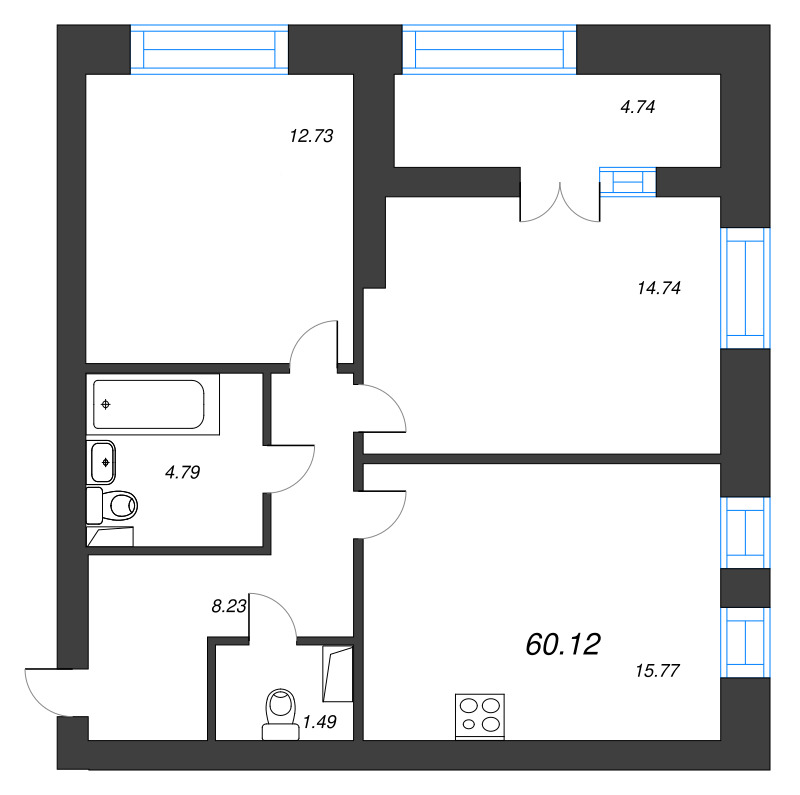 2-комнатная квартира, 60.12 м² в ЖК "Наука" - планировка, фото №1