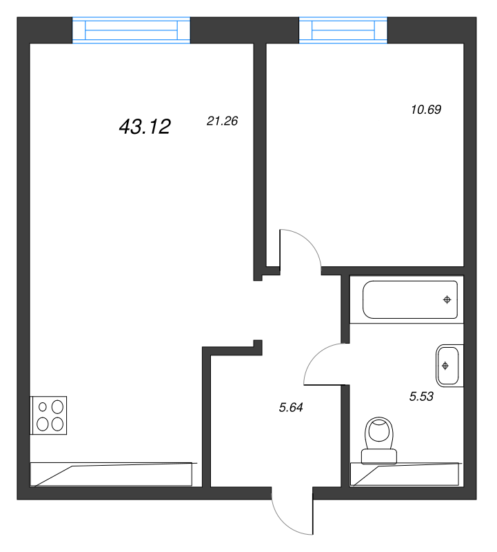2-комнатная (Евро) квартира, 43.12 м² в ЖК "Черная речка, 41" - планировка, фото №1