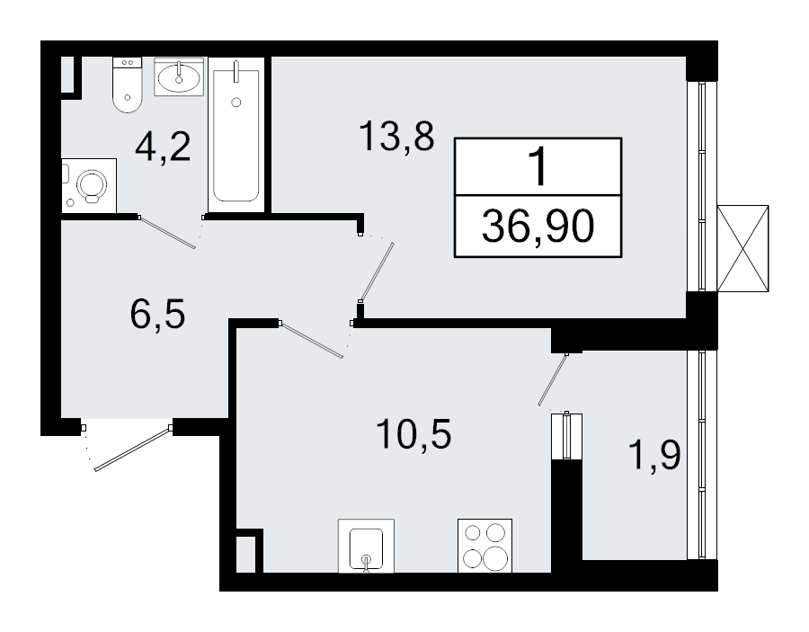1-комнатная квартира, 36.9 м² в ЖК "А101 Всеволожск" - планировка, фото №1