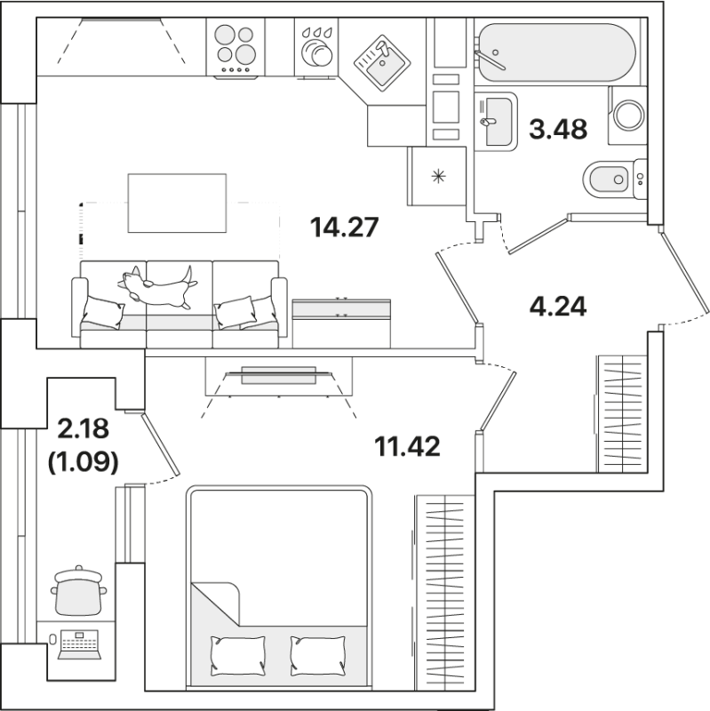2-комнатная (Евро) квартира, 34.5 м² в ЖК "Академик" - планировка, фото №1